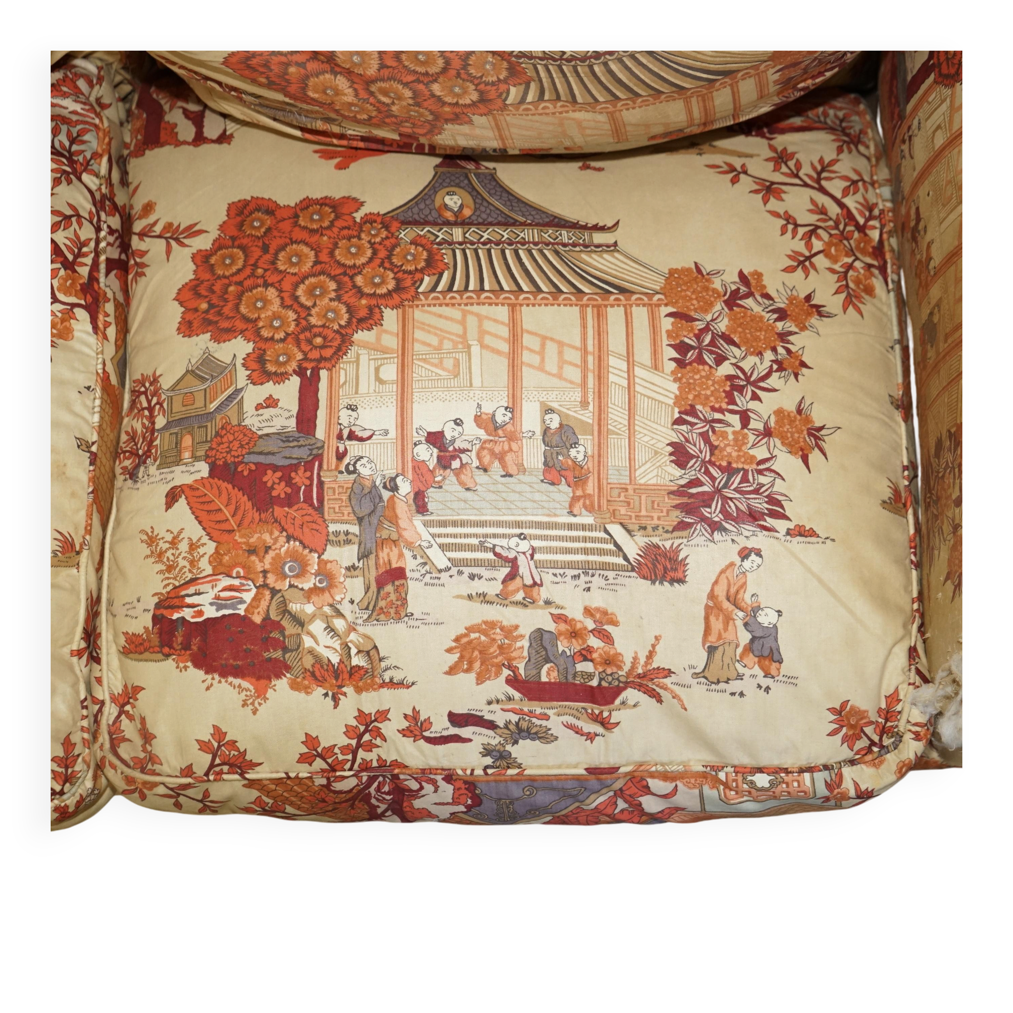 Antique Howard & Sons canapé, Aesthetic Movement, claw and ball feet, chinoiserie fabric.