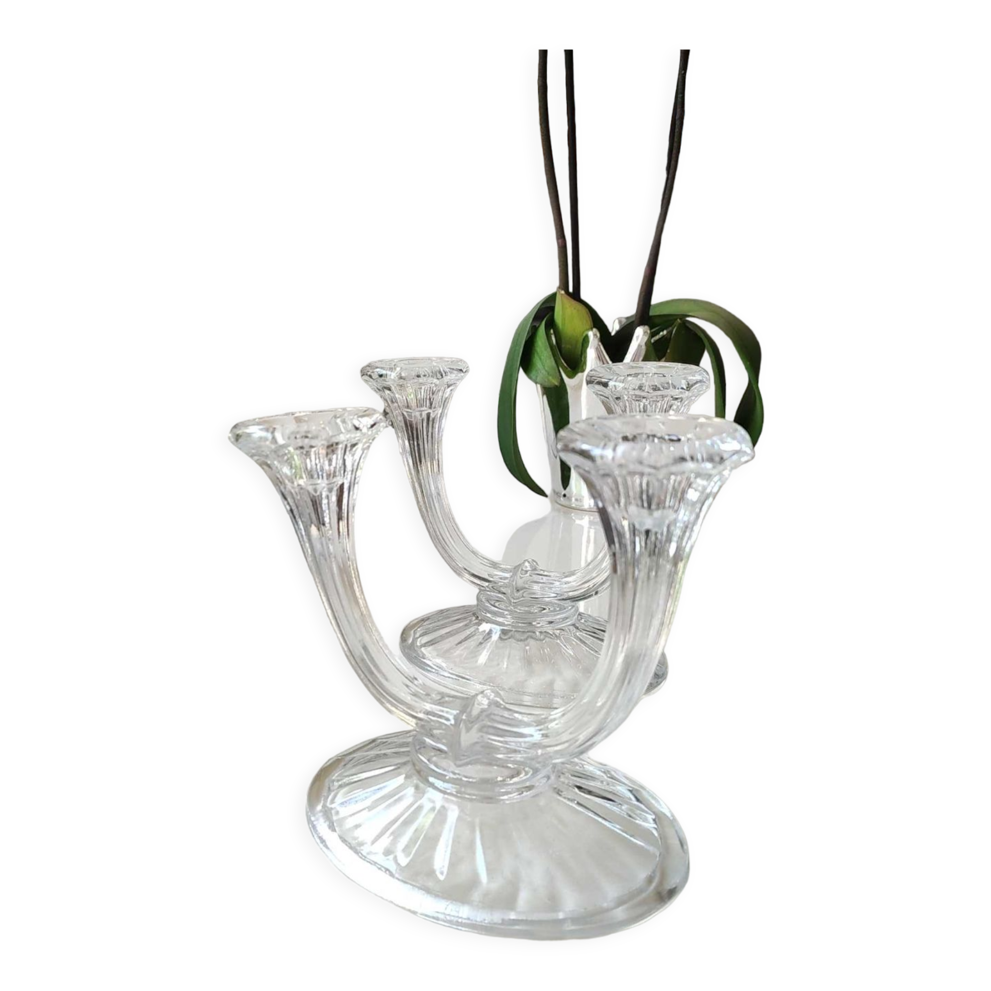 Pair of art deco candlesticks with 2 flames, molded crystal