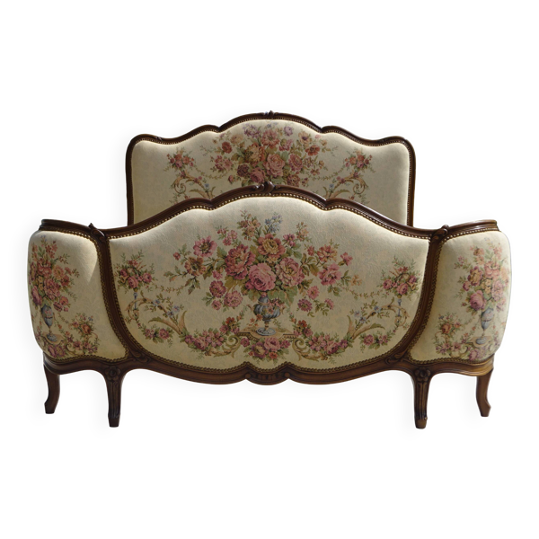 Lit corbeille ancien, en bois et tissu jacquard, en 140/190cm