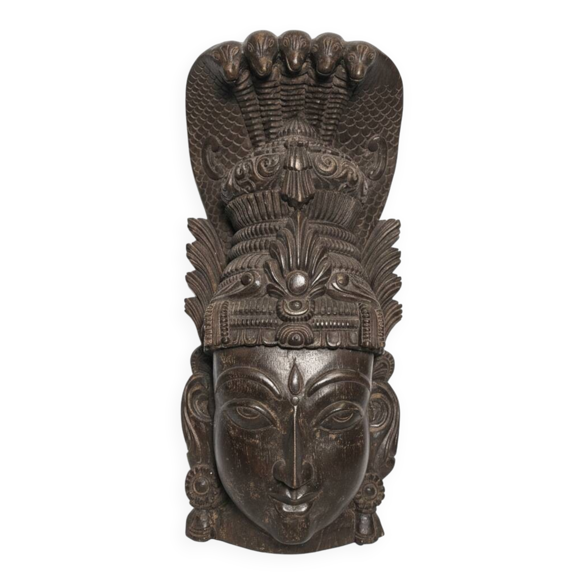 Ancient Indian carved wooden mask sculpture of a deity with a cobra.