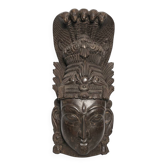 Ancient Indian carved wooden mask sculpture of a deity with a cobra.