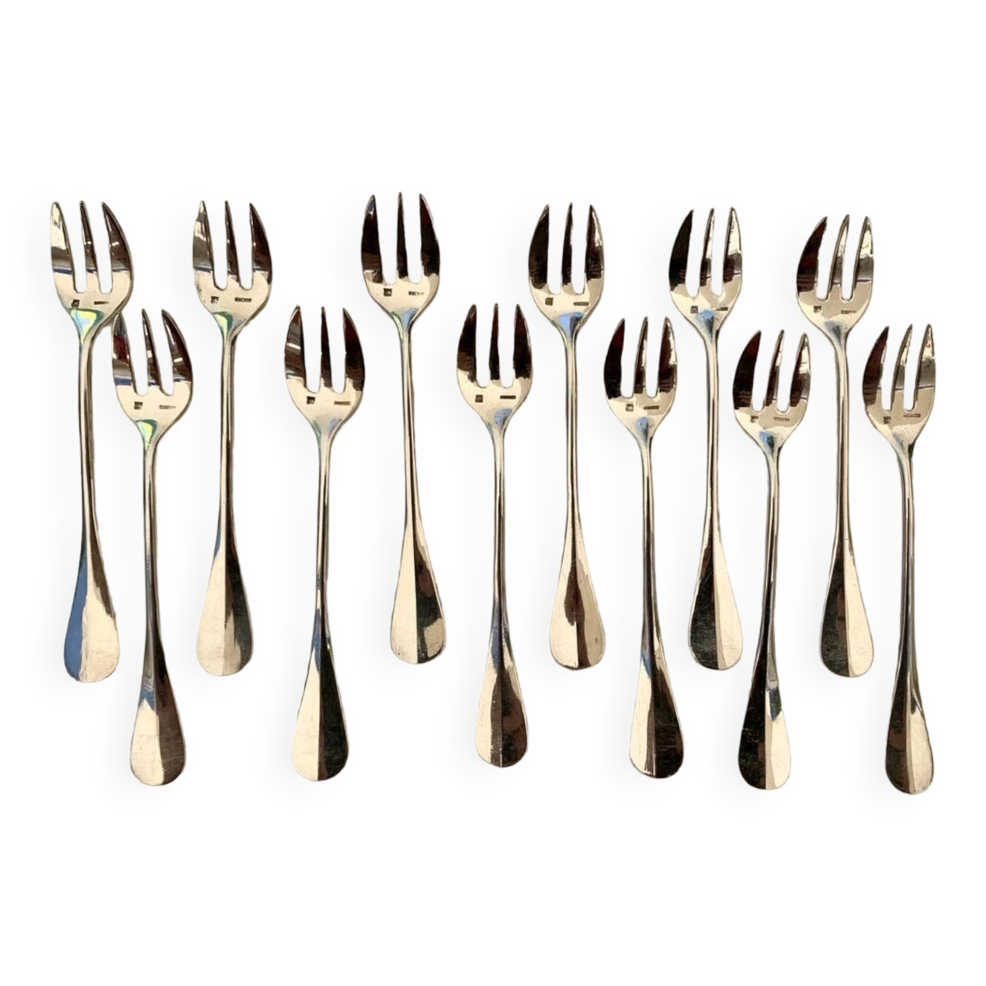 12 Superb Ercuis Silver Metal Oyster Forks