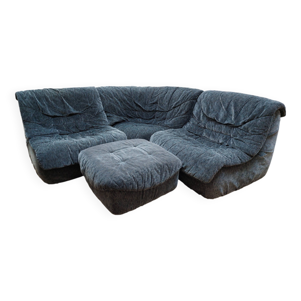 Canapé d'angle modulable chauffeuses et pouf vintage Steiner - Années 80