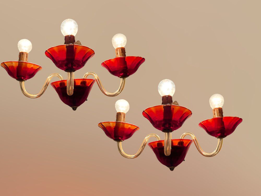 Vintage Italian Ruby Red Murano Glass Sconces from Made Murano Glass, Set of 2