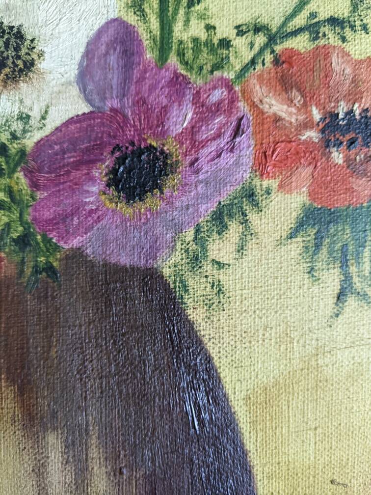 Acrylic painting on canvas, old still life, bouquet of flowers