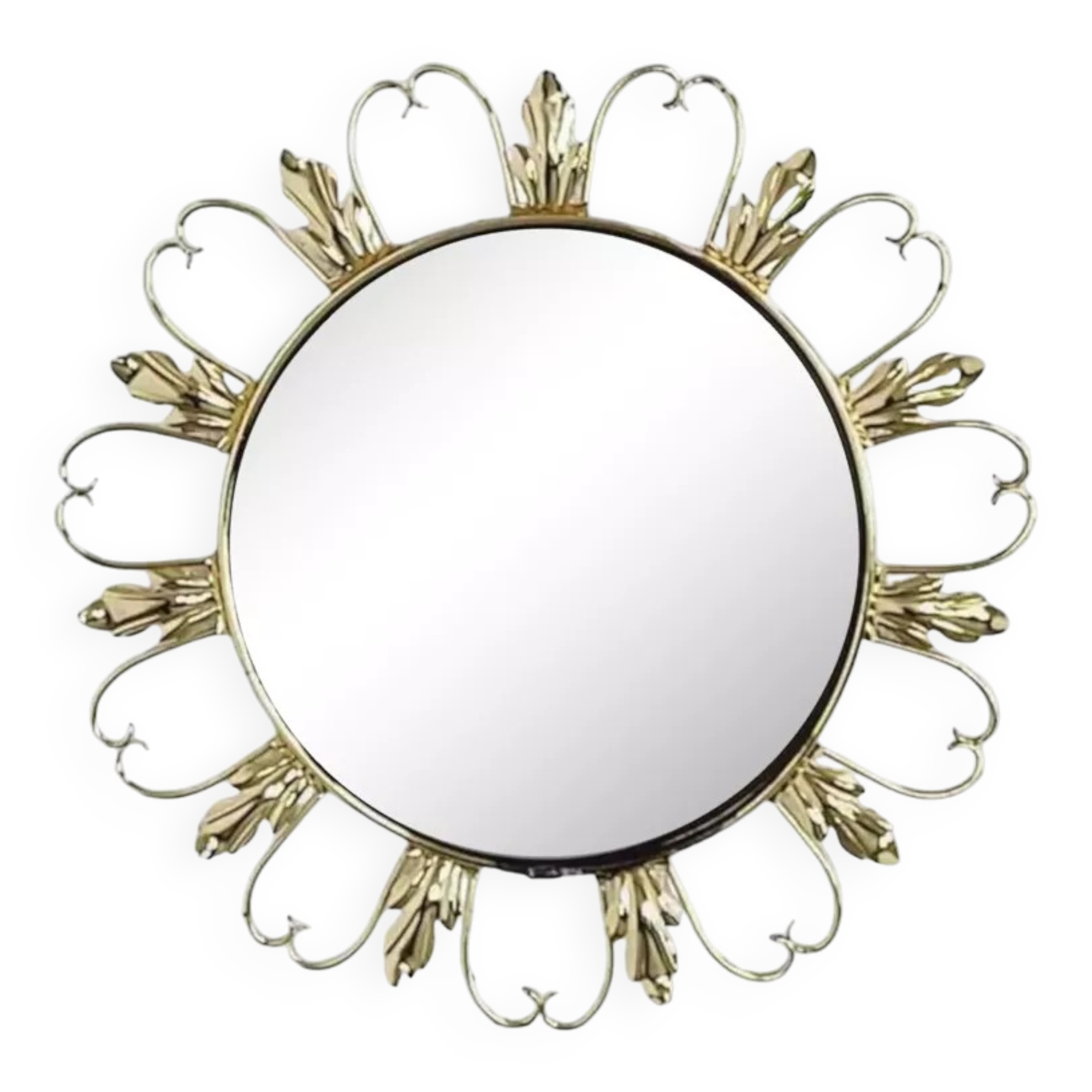 Round mirror on brass frame with scrolls