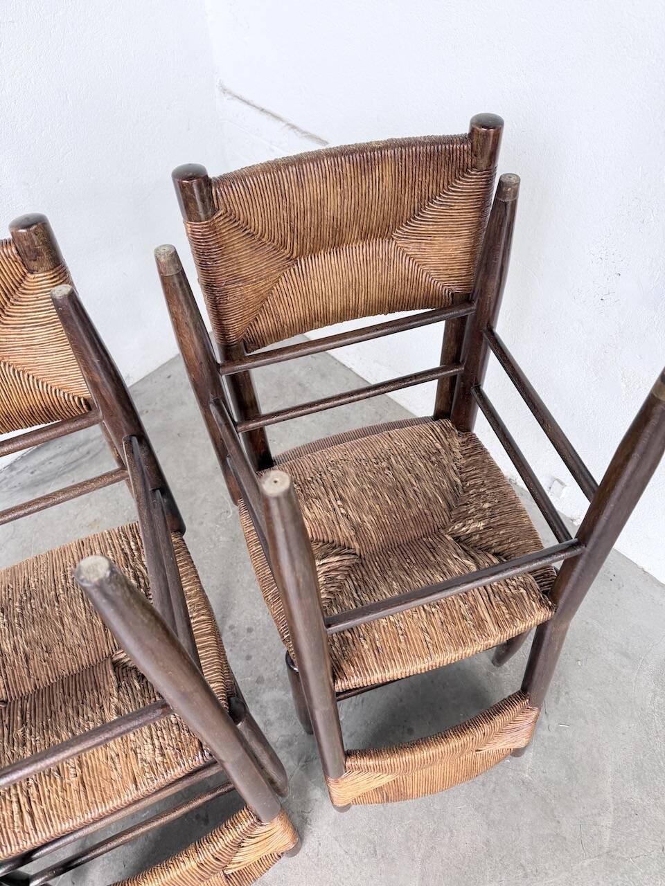 Set of 6 straw and oak Beauche chairs.