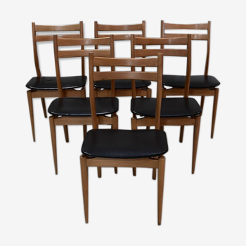 Suite de 6 chaises en hêtre clair et skaï noir 1970