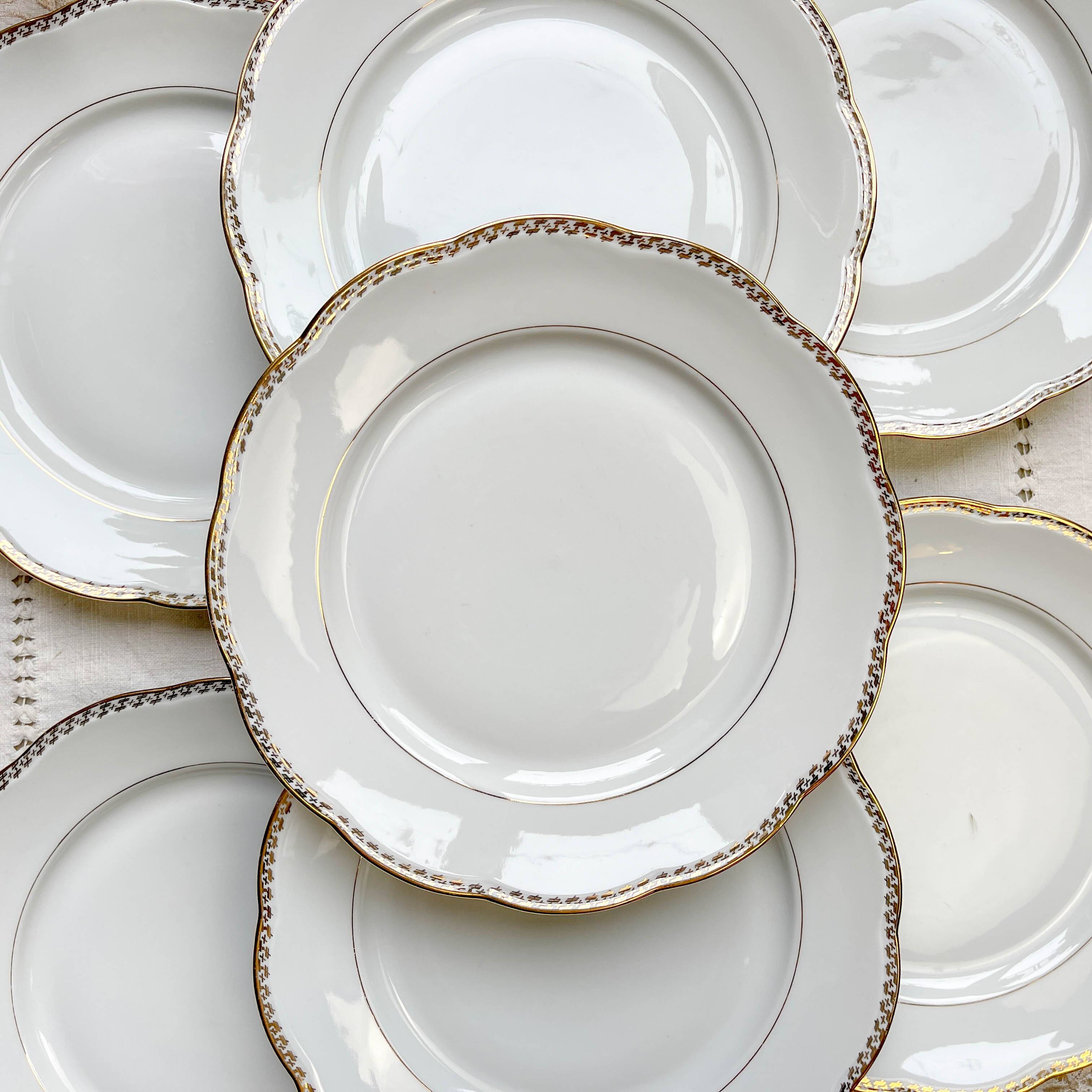 7 Vintage White and Gold Porcelain SPF Dinner Plates – Geometric