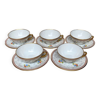 Set of 5 Bernardaud Limoges cups and saucers
