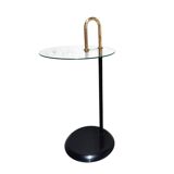 Old designer side table in tempered glass and black and gold metal
