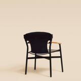 Maërl armchair, Galathée model, black leather, solid wood armrests of your choice