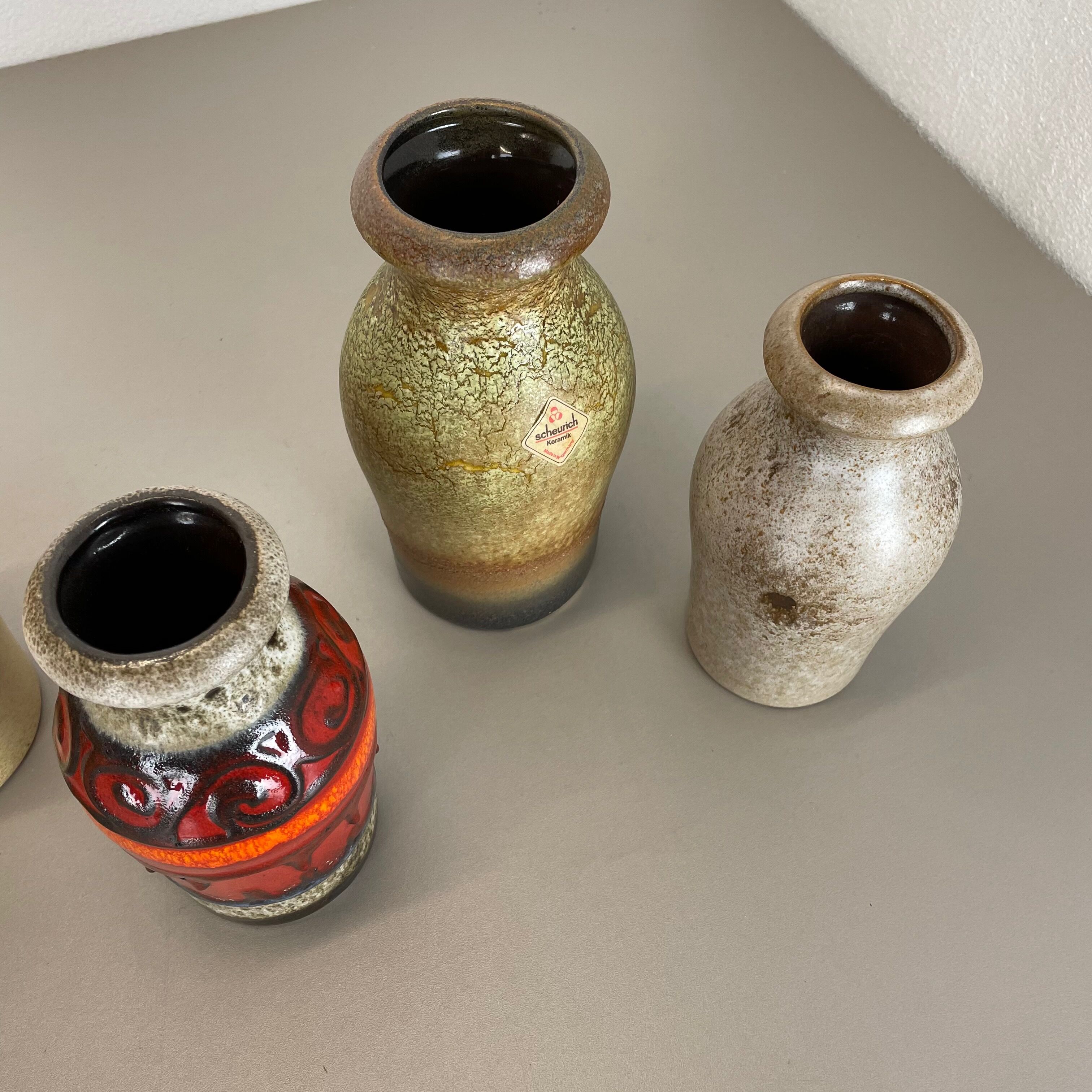 Set of five vintage pottery fat lava vases made by scheurich, germany, 1970s