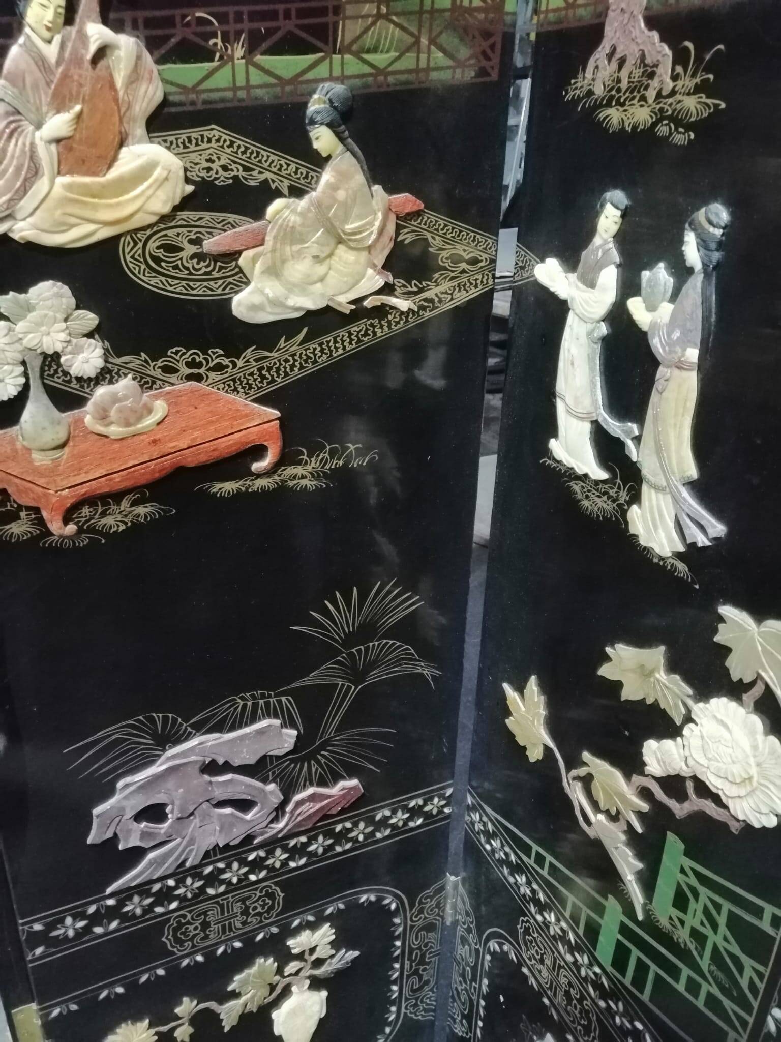 Antique Chinese bedroom screen, inlay of soapstone, jade, ivory, mother-of-pearl