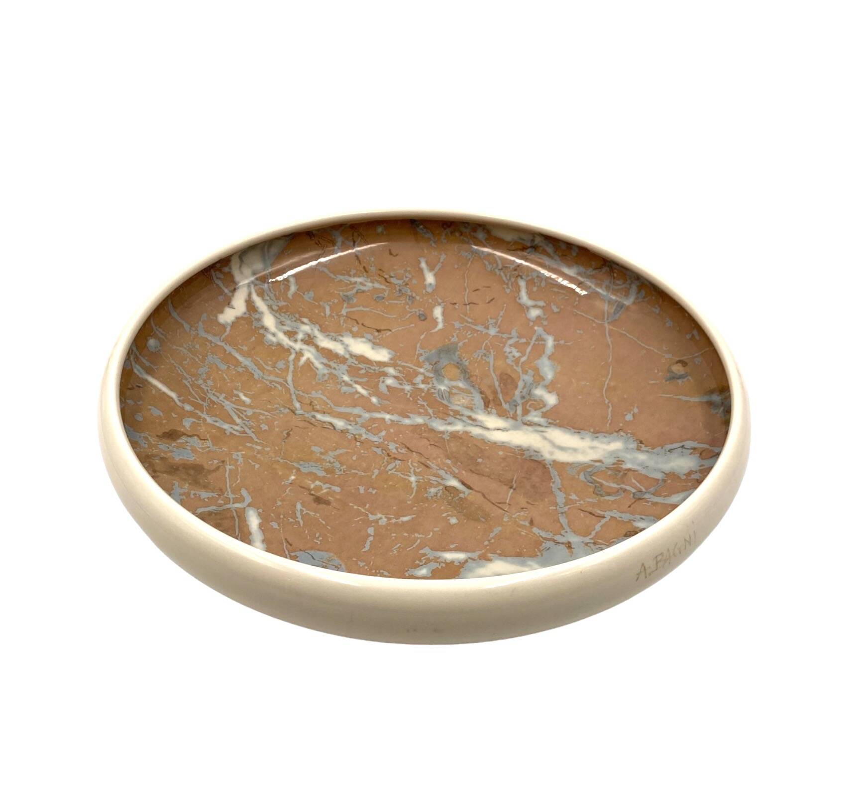 Alvino Bagni, white marbled ceramic centerpiece / vide poche, ca. 1970
