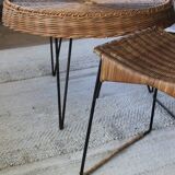 Vintage Raoul Guys set 1 table 4 rattan and metal stools Airborne