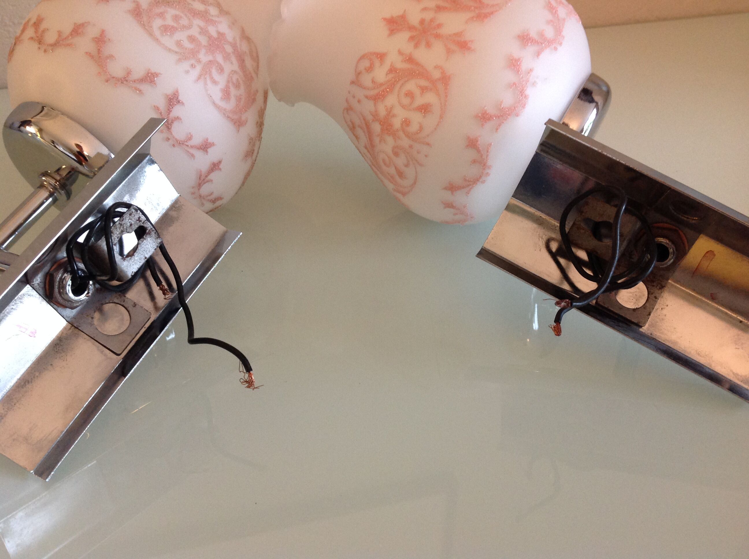 Pair of white opaline and chromed metal / vintage wall lamp 60s-70s