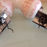 Pair of white opaline and chromed metal / vintage wall lamp 60s-70s