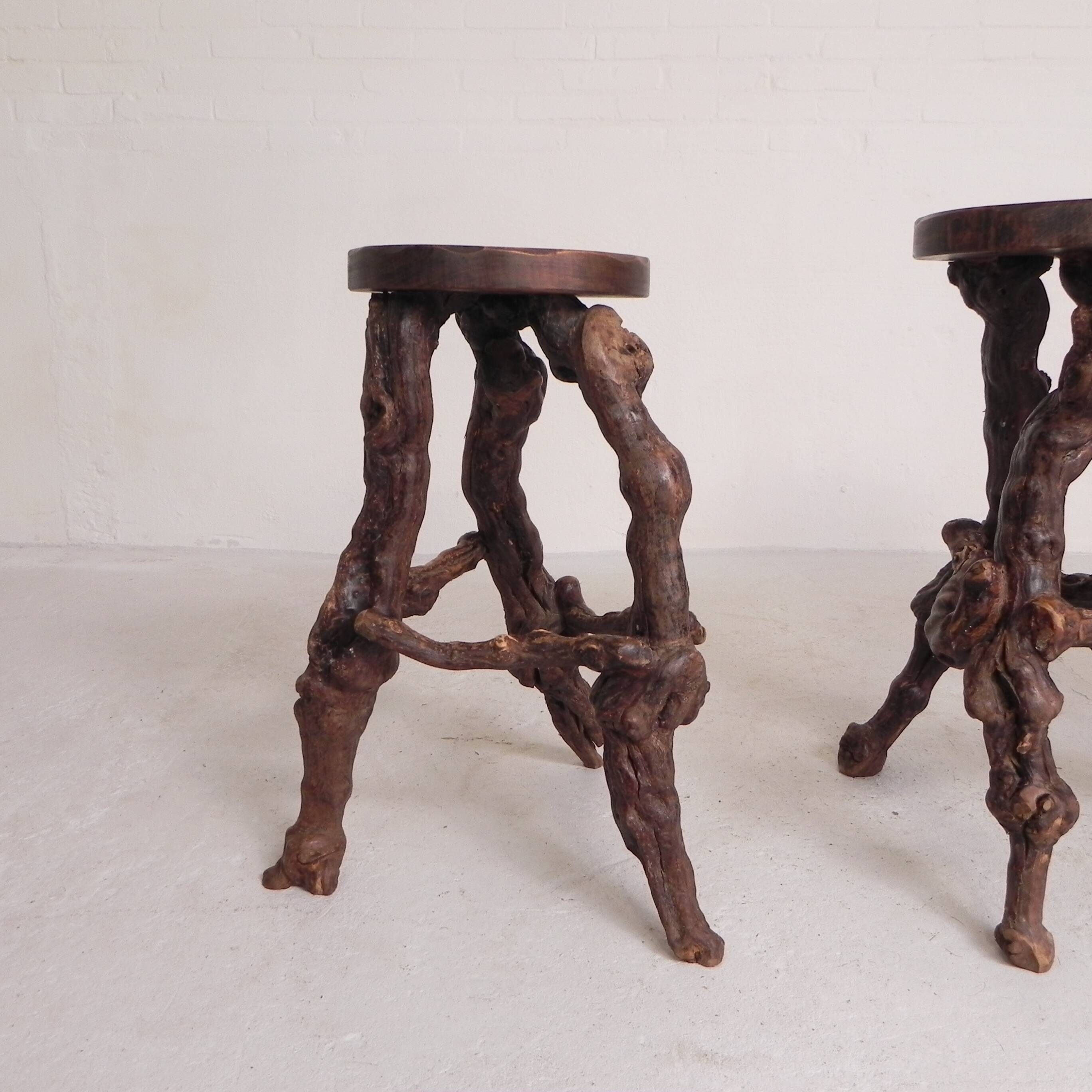 Set of 3 vintage wooden vine bar stools, 1960s