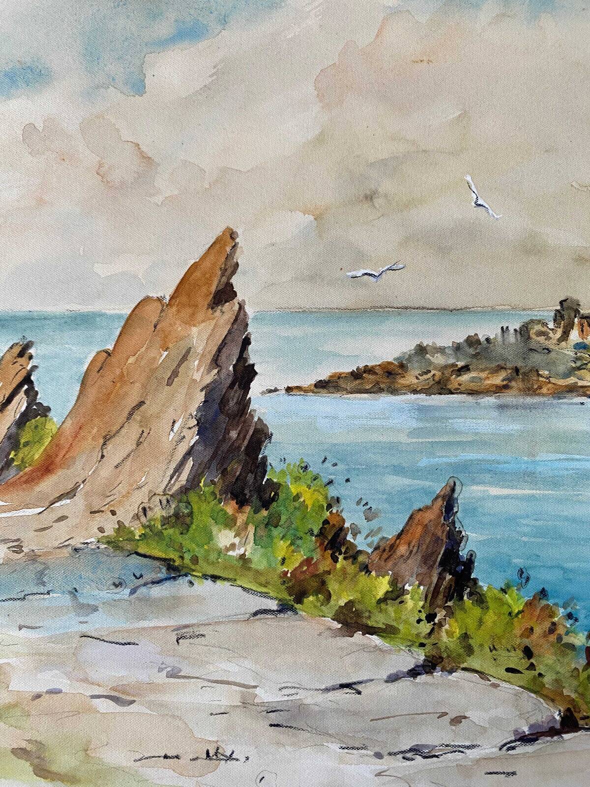 Watercolor Painting Seaside with signed sailboat dated 1950 Basque Country