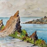 Tableau Aquarelle Bord de mer avec voilier signé daté de 1950 Pays Basque
