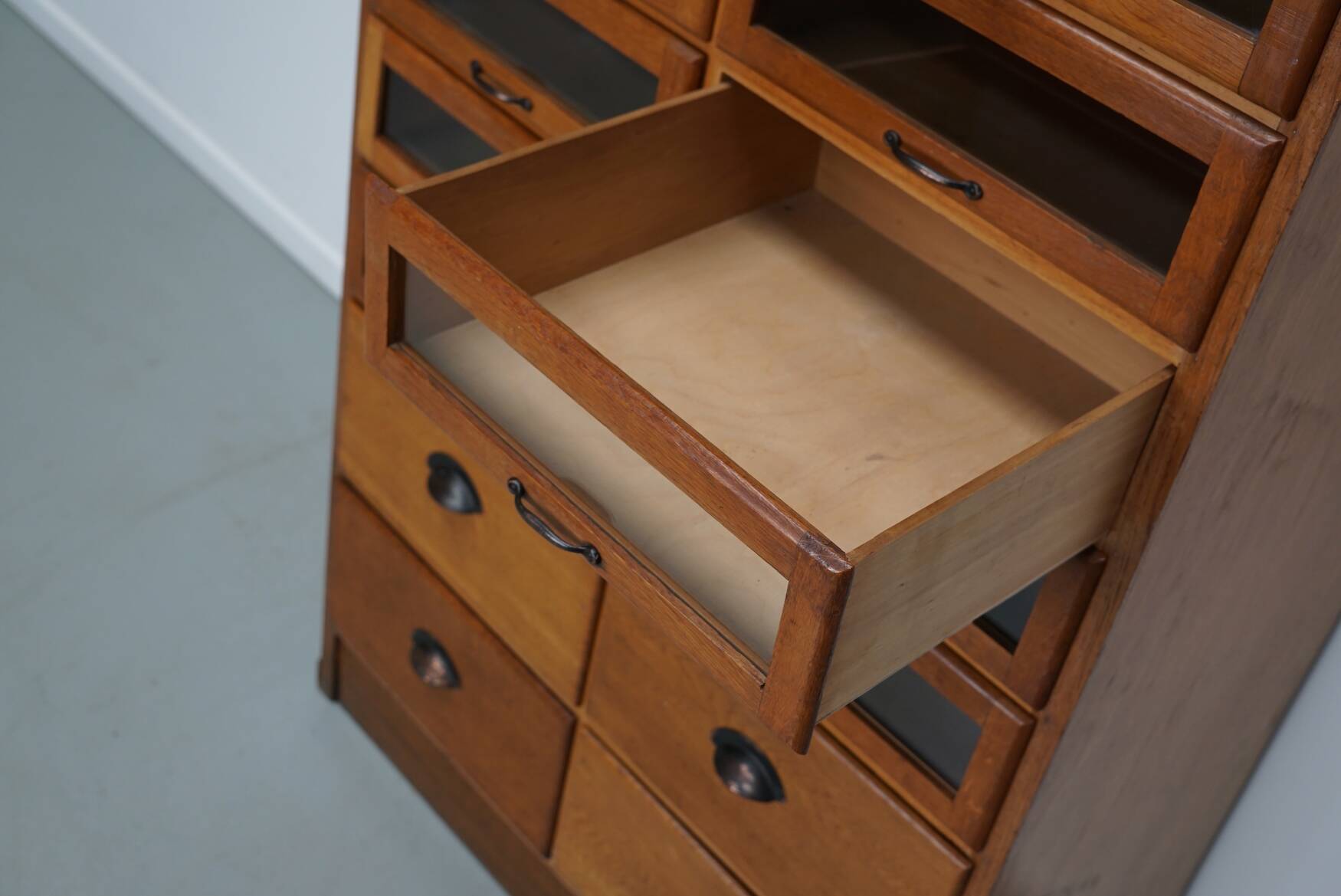 English Haberdashery Shop Cabinet with Glass Fronted Drawers, Circa 1930s