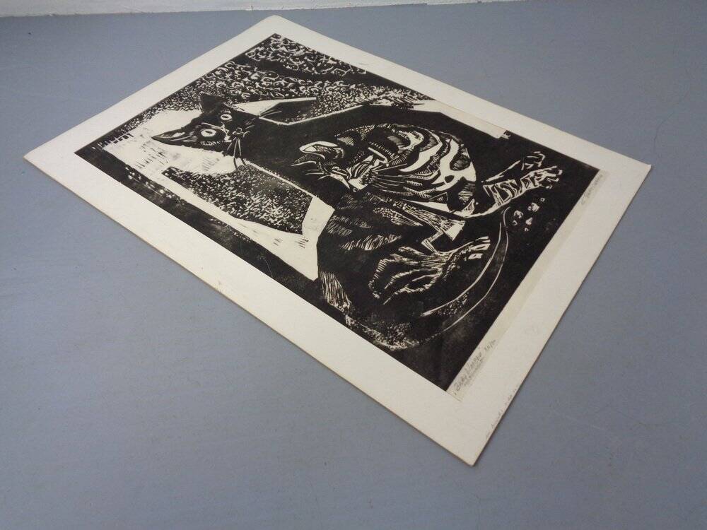 Gerhart Bettermann, 2 Cats, 1980s, Woodcut
