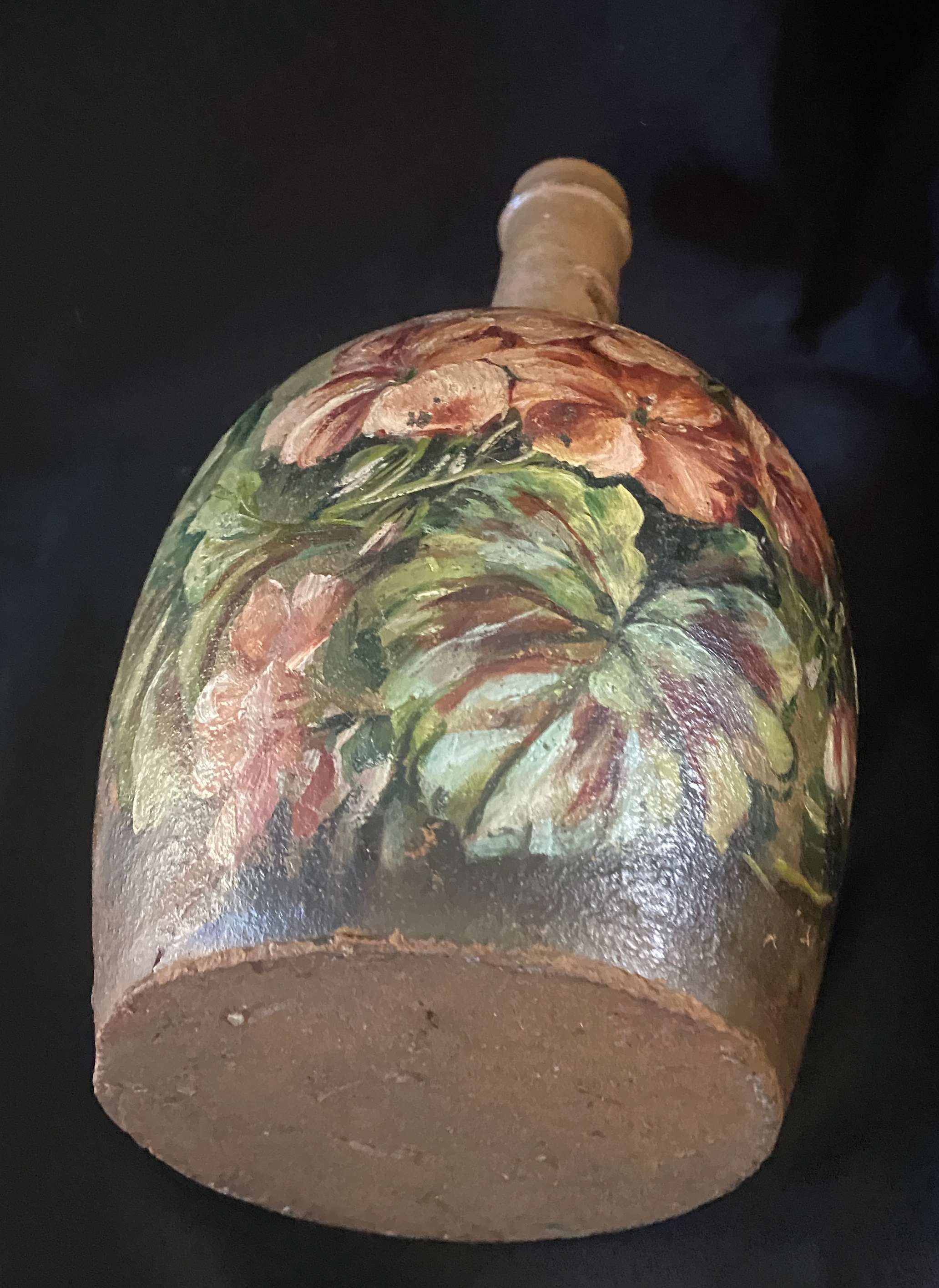 Beautiful bottle A ancient sandstone painted with floral motifs Folk art Puisaye