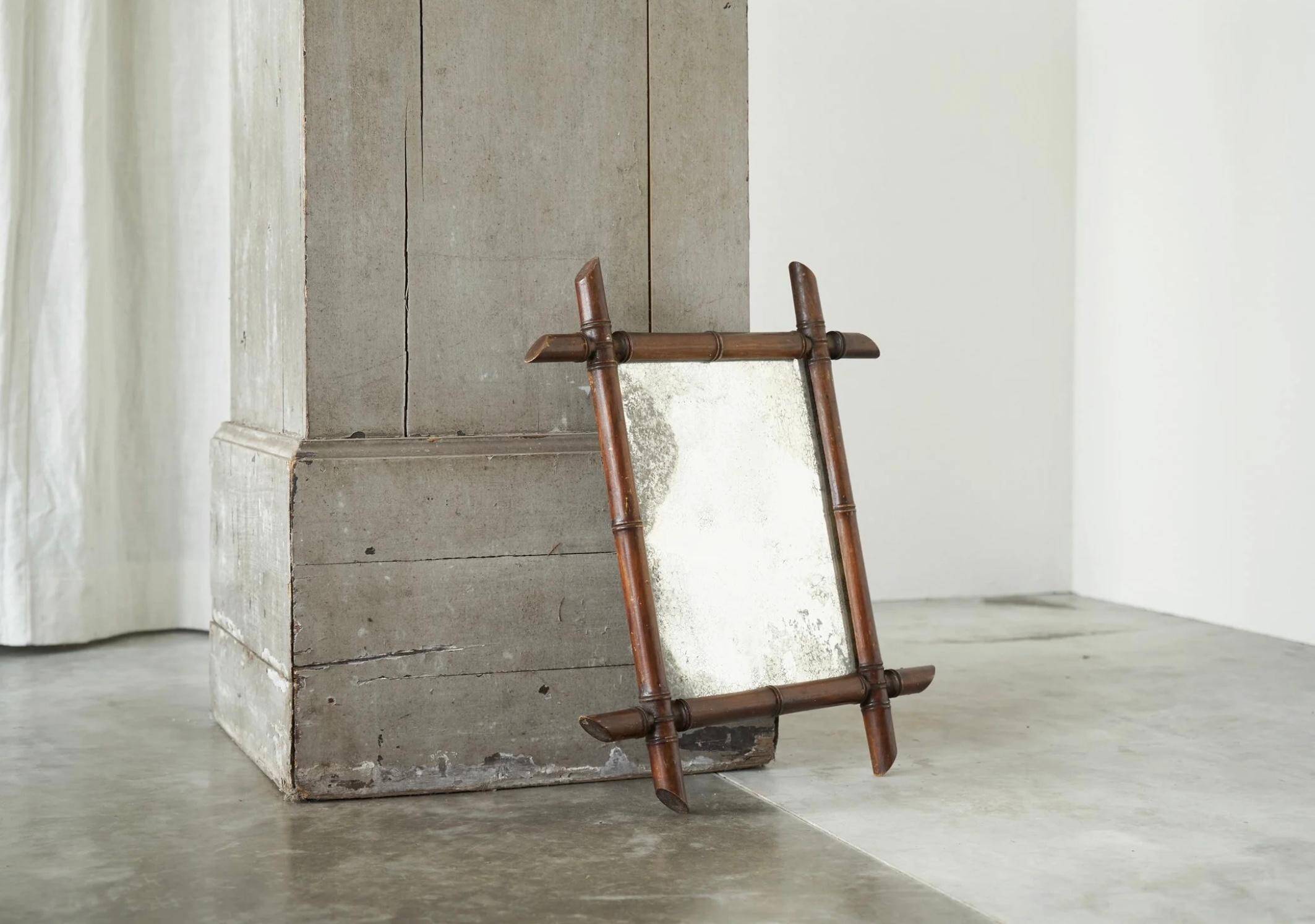 Faux Bamboo Mirror in Wood and Aged Mirror, Early 20th Century