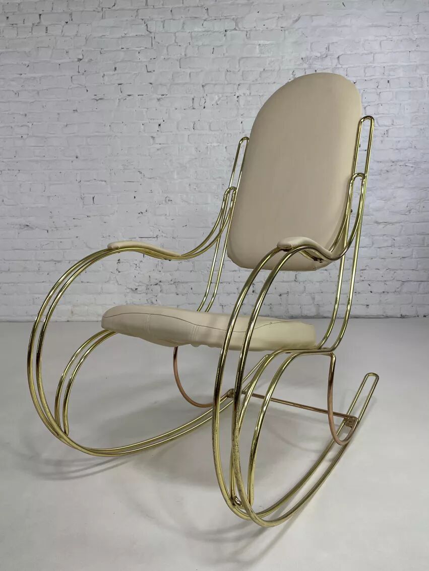60s rocking chair in brass and ecru faux leather