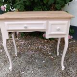 Console with 2 drawers, pink, wooden top.