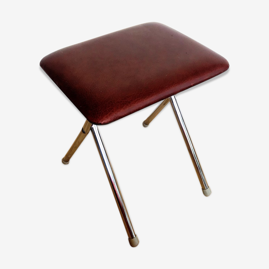 Tabouret pliant en skaï bordeaux rembourré vintage