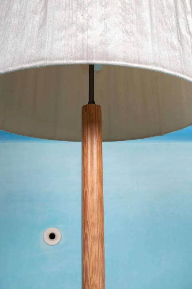Vintage Swedish wooden floor lamp with pleated shade from the 1960s.