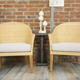 Pair of teak and rattan armchairs