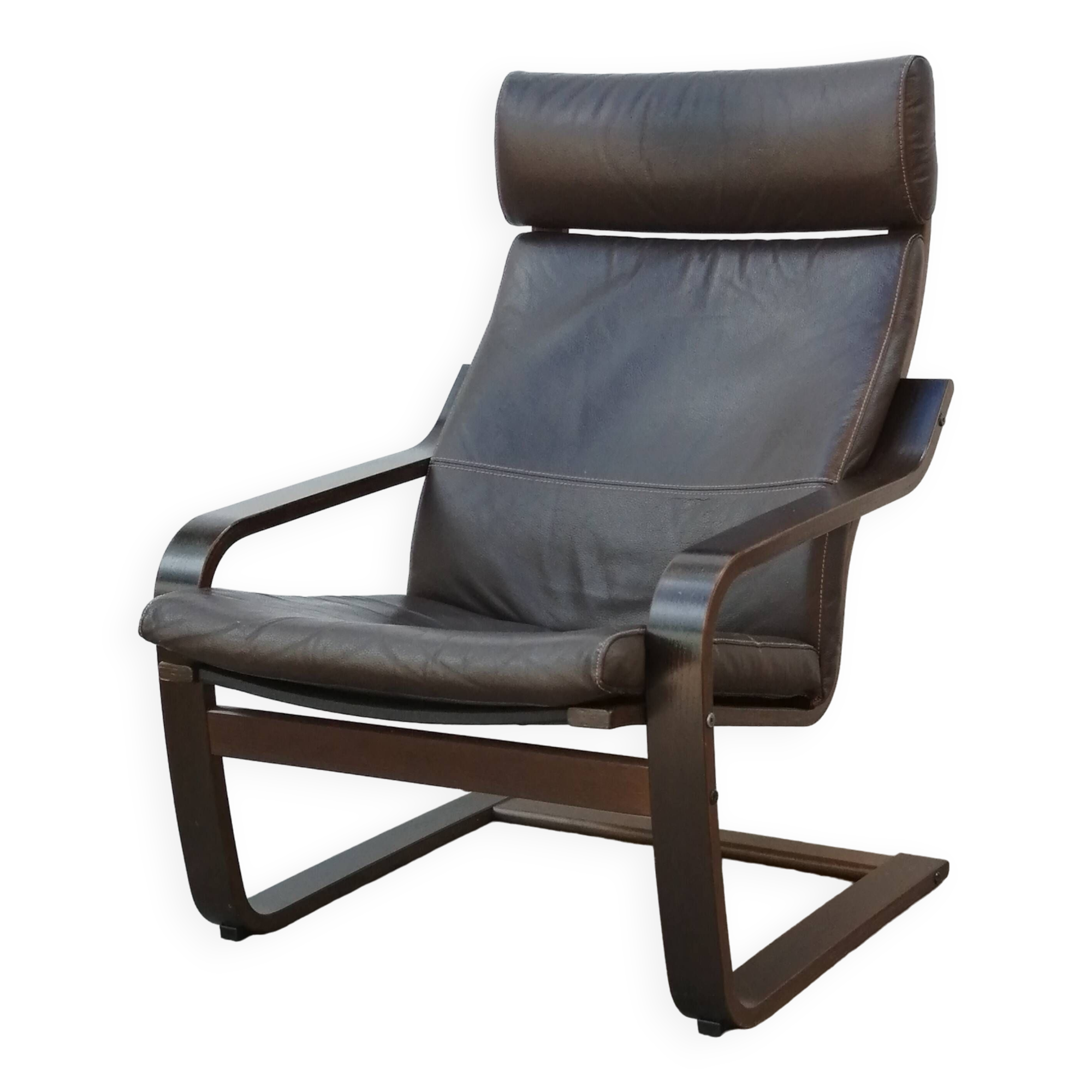 Fauteuil lounge en cuir marron  ''Poang'' Ikea 1990