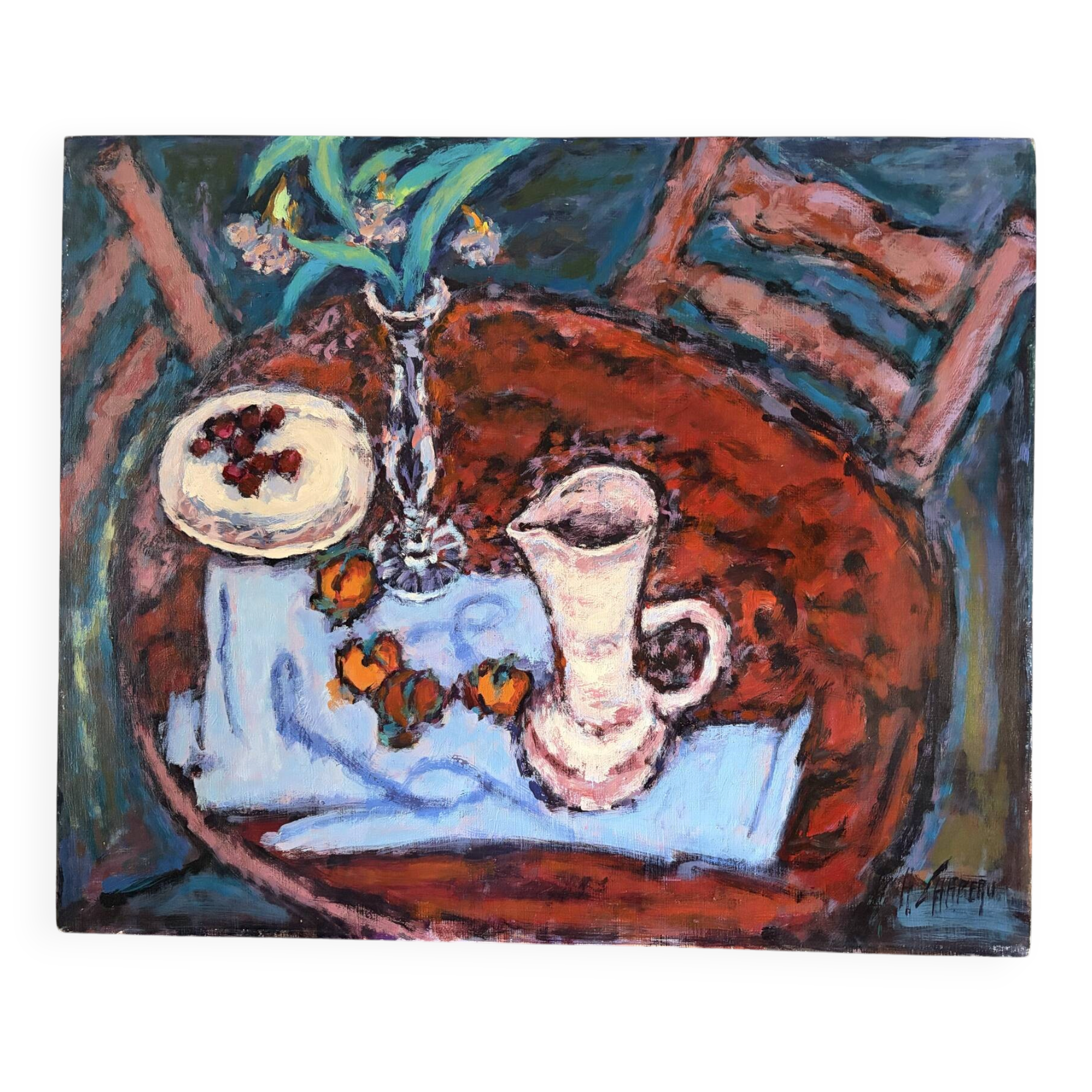 Cherries and peaches, oil on panel signed H Chapeau
