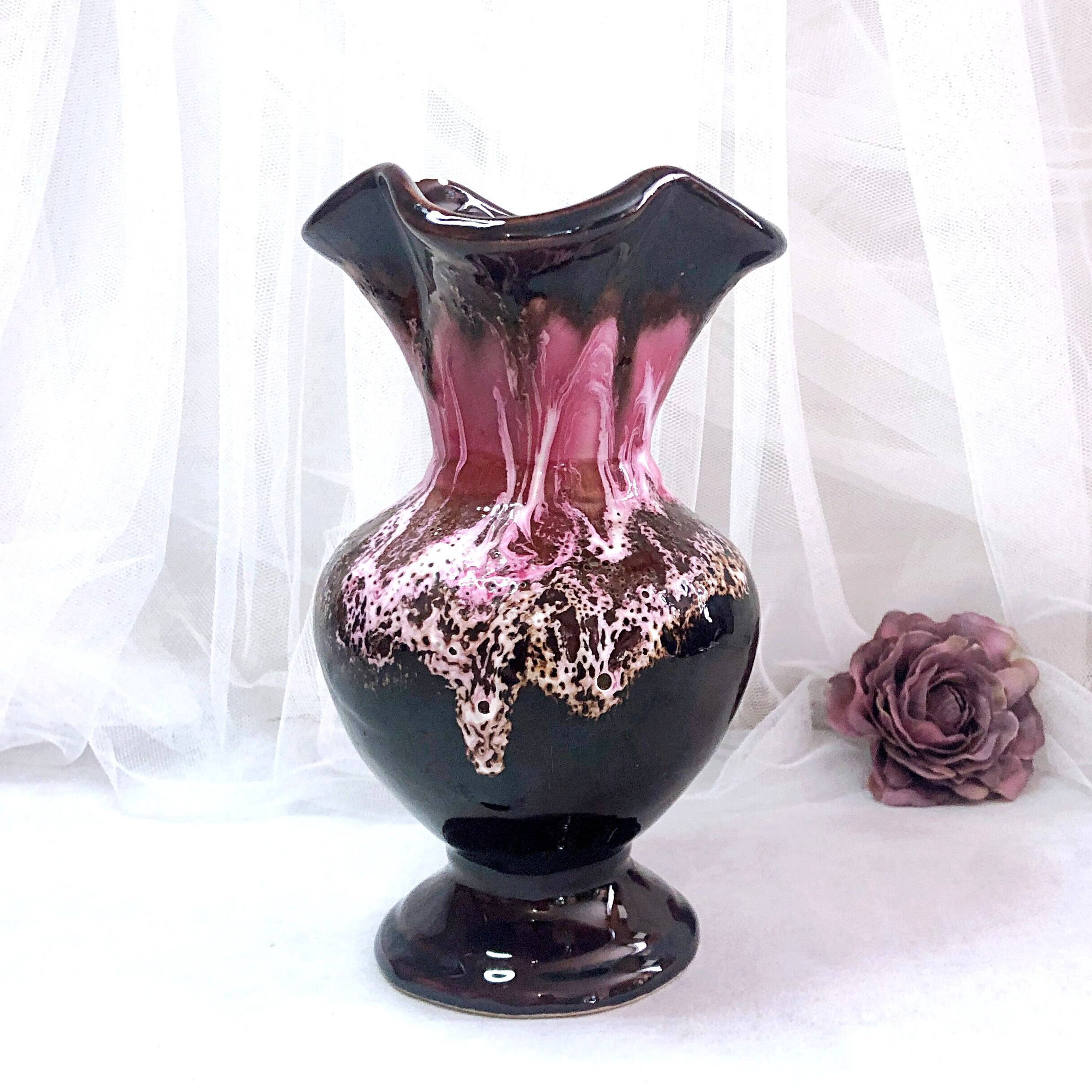 Seafoam tulipwood vase, brown and pink, Vallauris, signed PG