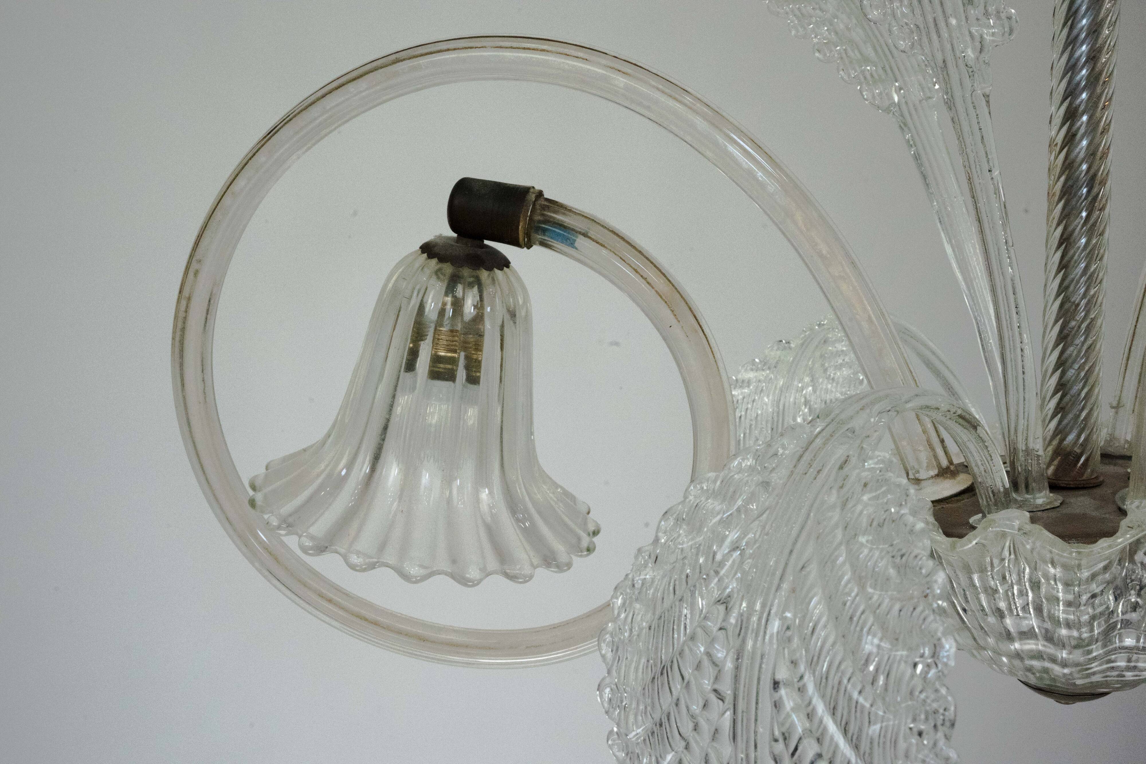 Art Deco Murano Glass Three-Arm Chandelier, Italy, 1940s