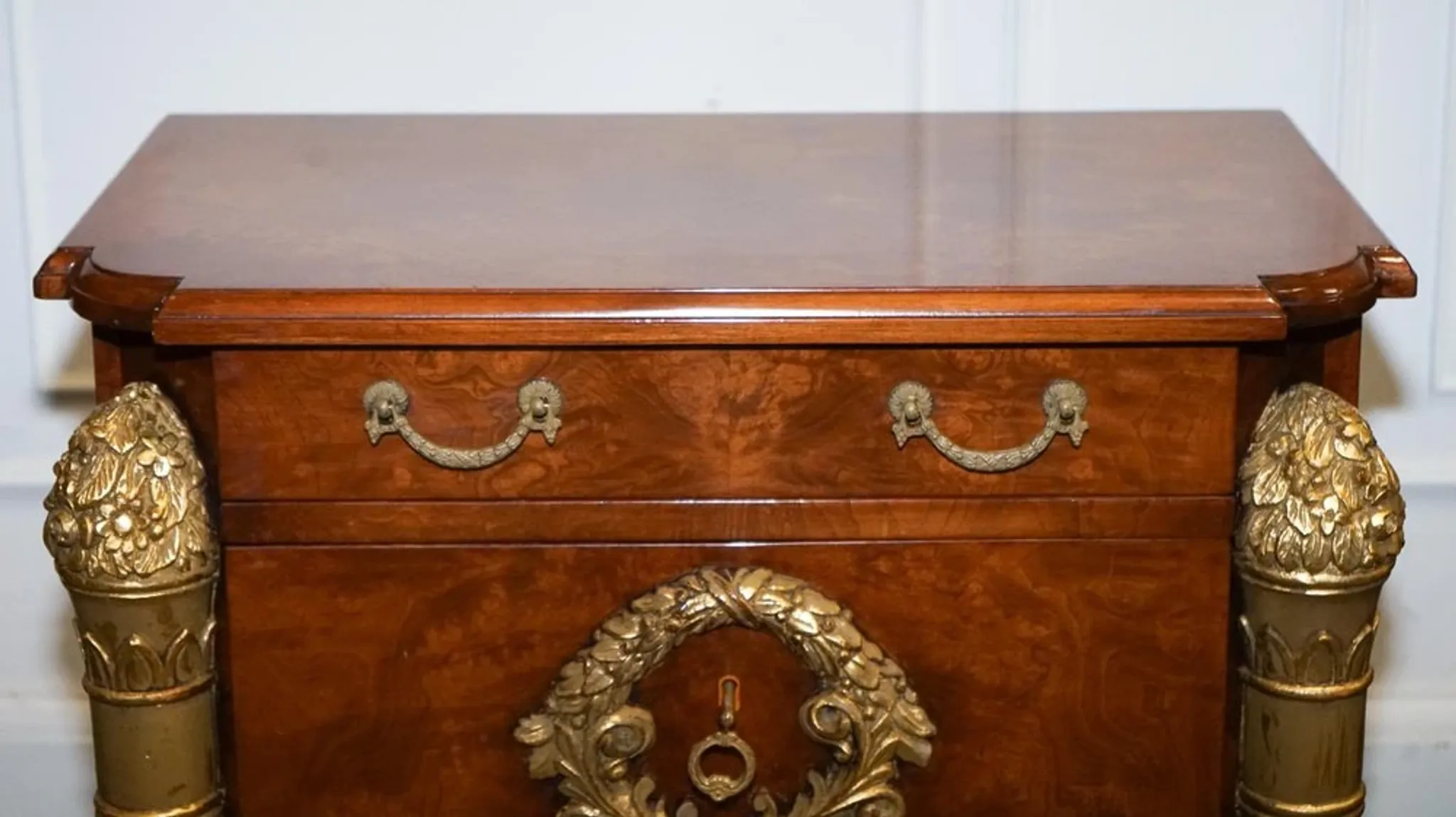 Empire Style Nightstands in Golden Walnut Burl, Set of 2