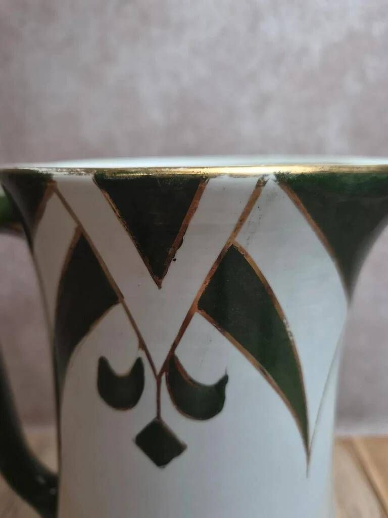Vintage Art Deco toilet jug – Green and gold geometric design – Vintage vase