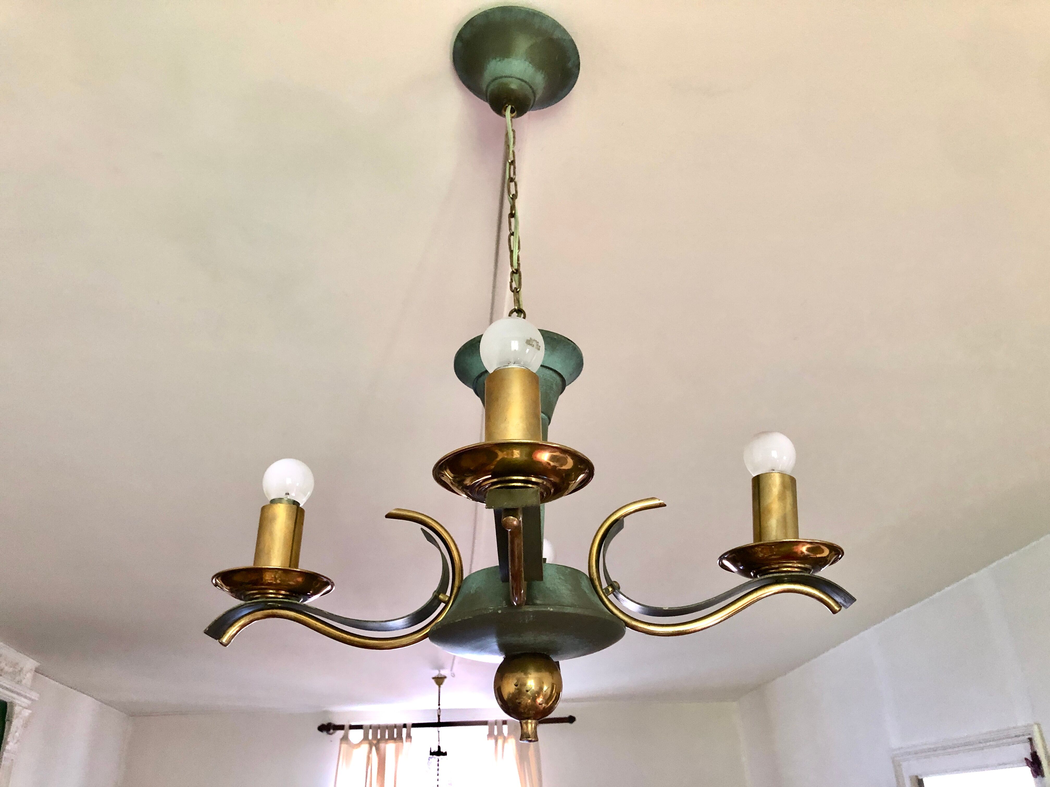Celadon green modernist chandelier and solid brass