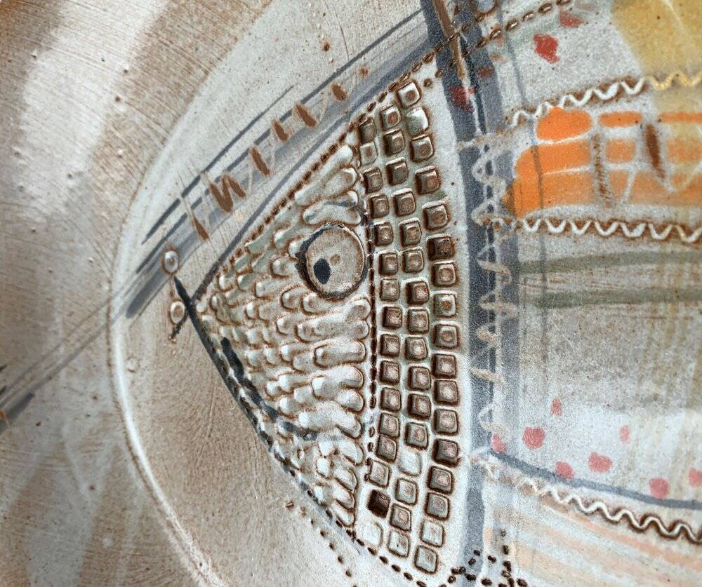 Large German ceramic plate with fish from the mid-century.