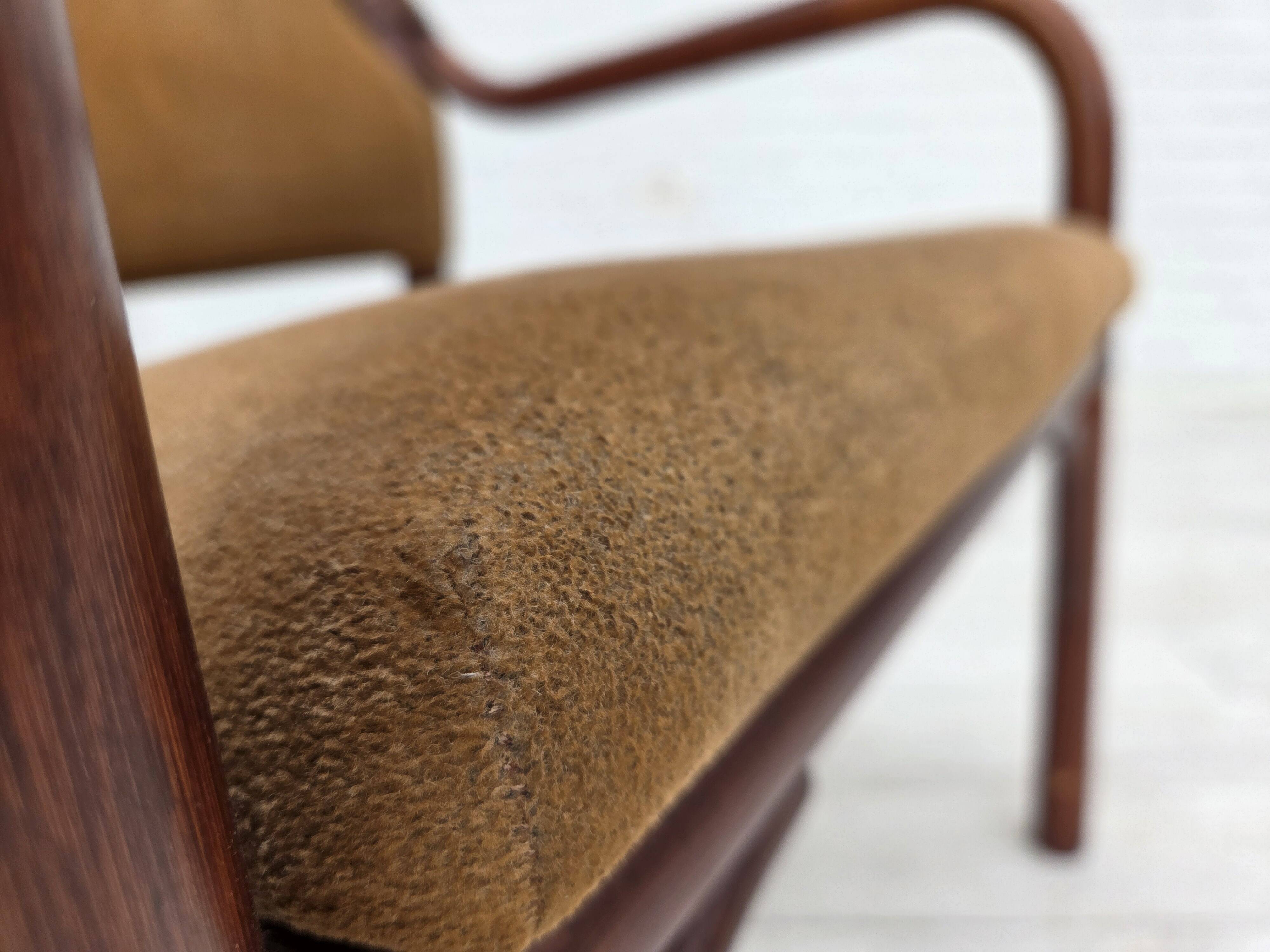 1970s, Danish coffee armchairs with table, rattan, nubuck fabric.