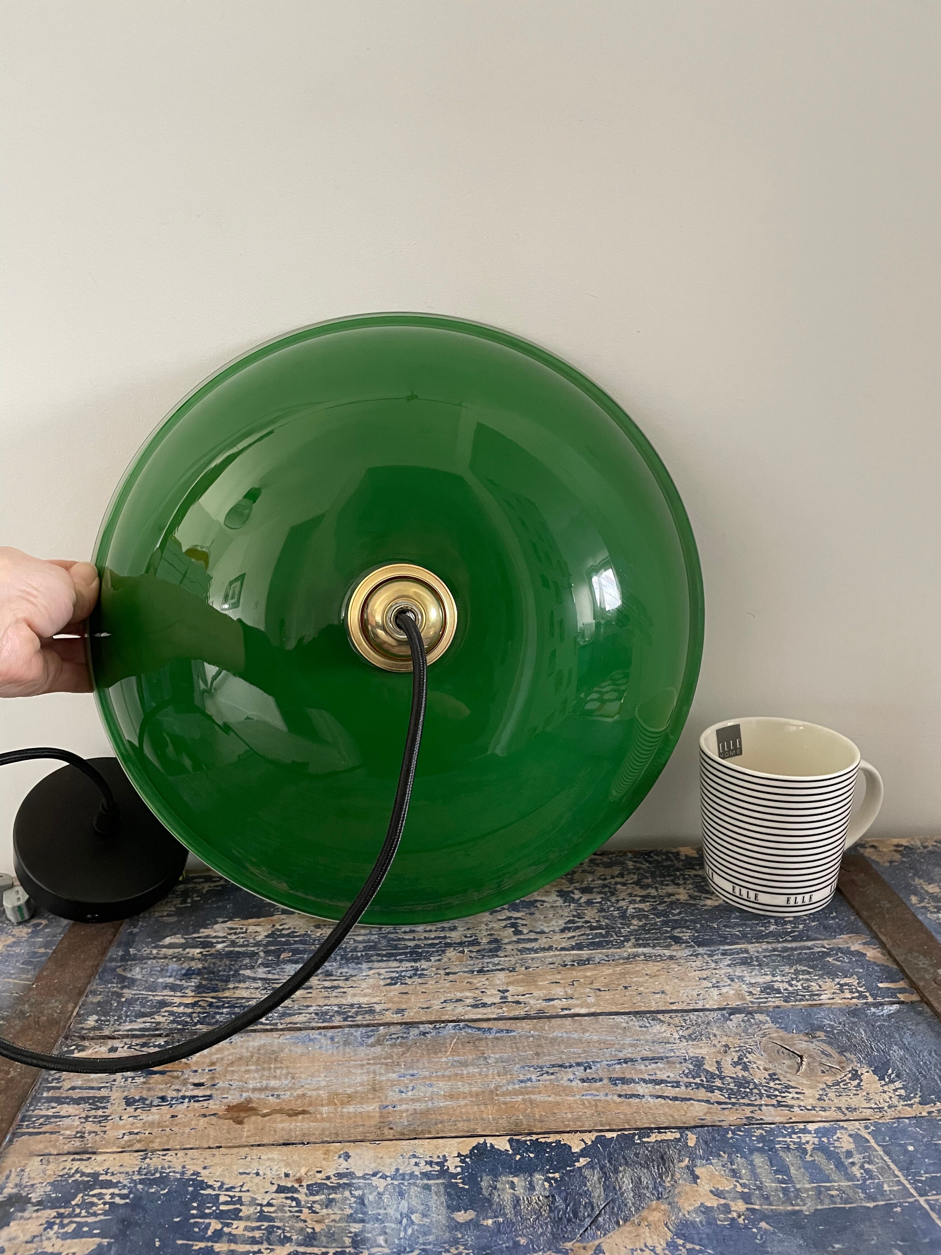 Vintage pendant lamp in electrified green opaline to nine