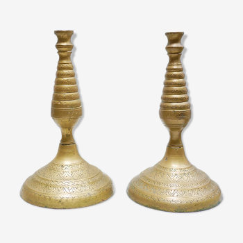 Pair of vintage candle holders in golden brass