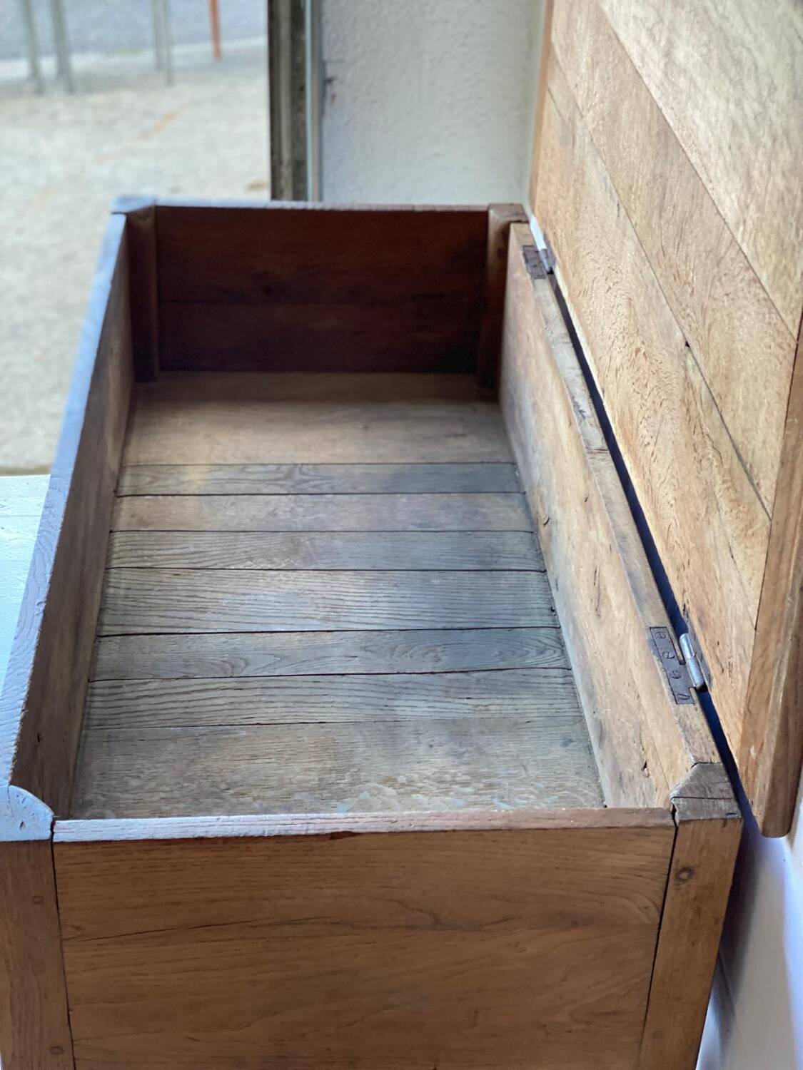 Vintage kneading trough renovated in solid raw oak wood
