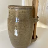 Old varnished stoneware pickle pot with tongs