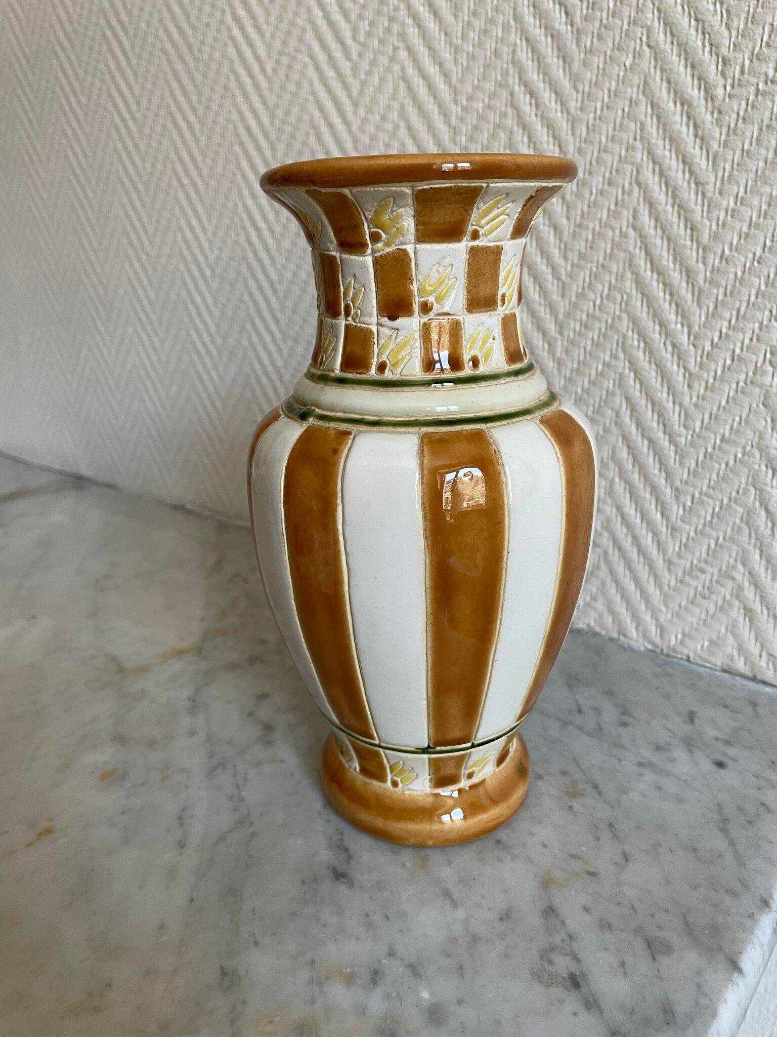 White and brown enamel vase Art Deco style