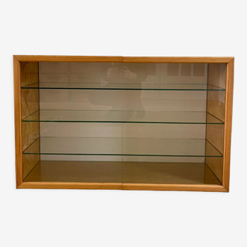 Vitrine murale vintage en pitchpin avec 3 étagères en verre