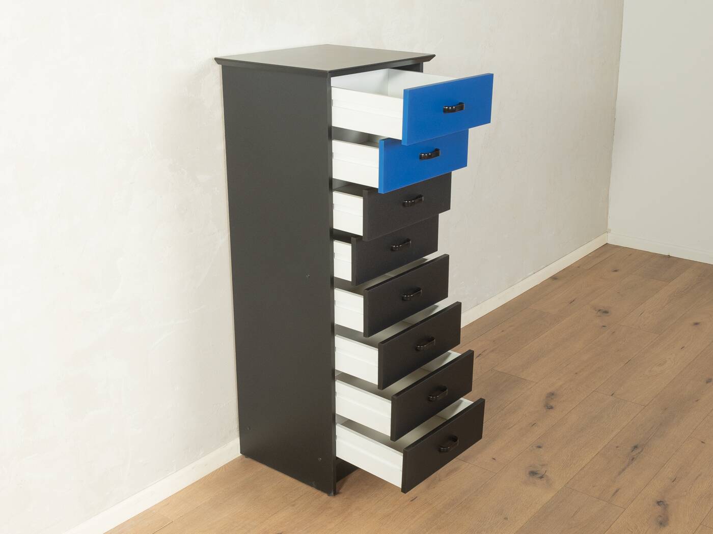 Commode postmoderne des années 1980, noire et bleue, vintage